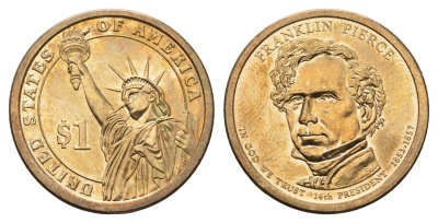 США 1 доллар 2010 D, Президент США - Франклин Пирс (1853-1857) KM 476 медь с марганцево-латунным покрытием UNC 4698-1047