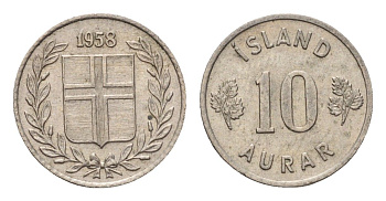 Исландия 10 эйре 1958 KM 10 медно-никель aUNC 4690-659