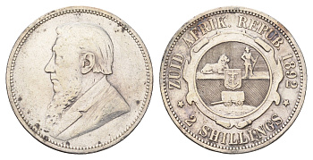 ЮАР 2 шиллинга 1892 ZAR, Трансвааль, Крюгер KM 6 серебро 4044-1535