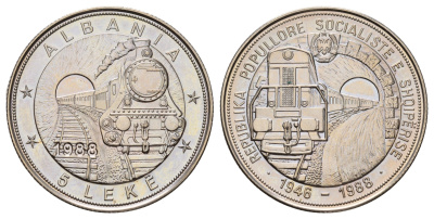 Албания 5 леков 1988 42 года Албанской железной дороге KM 61 медно-никель BU 3711-333