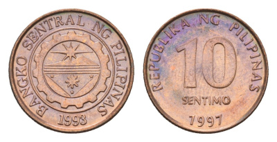 Филиппины 10 сентимо 1997 KM 270 сталь плакированная медью UNC 4396-954