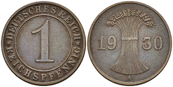 Германия 1 рейхспфенниг 1930 A KM 37, J.313, Weege 2 медь 4585-616
