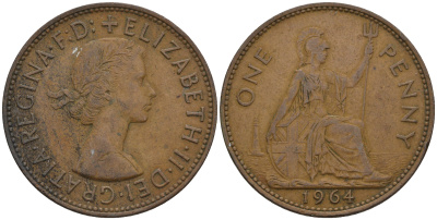 Великобритания 1 пенни 1964 Елизавета II (1952-2022) KM 897, Spink 4157 бронза 4112-736