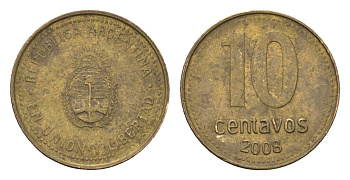 Аргентина 10 сентаво 2008 KM 107a сталь плакированная латунью 4679-817