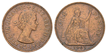 Великобритания 1 пенни 1963 Елизавета II (1952-2022) KM 897, Spink 4157 бронза 3855-315