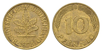 ФРГ 10 пфеннигов 1978 D KM 108, J. 383 сталь плакированная латунью 4684-1212