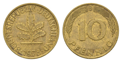 ФРГ 10 пфеннигов 1978 D KM 108, J. 383 сталь плакированная латунью 4684-1212