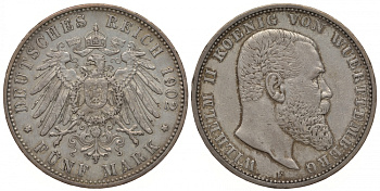 Вюртемберг 5 марок 1902 F, Вильгельм II (1891-1918) Weege 172, J. 176, KM 632 серебро 1067-1-42