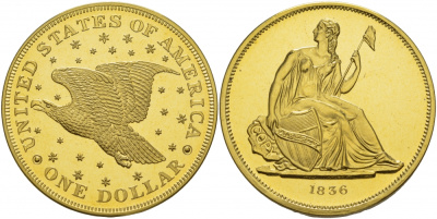 США 1 ДОЛЛАР 1836 КОПИЯ ИЗВЕСТНОЙ РЕДКОЙ МОНЕТЫ, ЖЕЛТЫЙ МЕТАЛЛ PROOF 1088-6-31