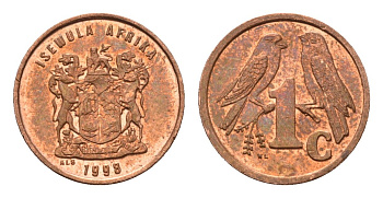 ЮАР 1 цент 1998 герб, капские воробьи KM 170 сталь плакированная медью UNC 4694-231