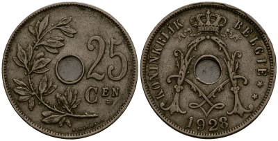 Бельгия 25 сантимов 1928 Belgie KM 69 медно-никель 4403-145