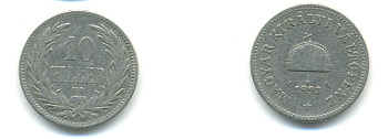 Венгрия 10 филлеров 1893 KB, Франц Иосиф I (1848-1916) KM 482 никель 93-355