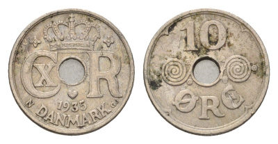 Дания 10 эре 1935 N, Кристиан X (1912-1947) KM 822 медно-никель 4701-934