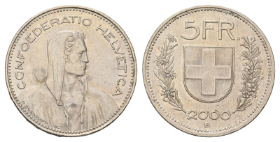 Швейцария 5 франков 2000 B KM 40a.4 медно-никель 4521-1125