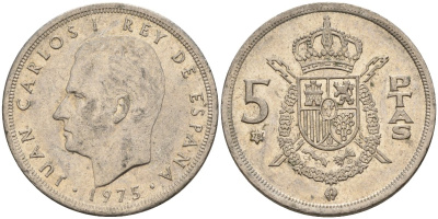 Испания 5 песет 1975 (78) Хуан Карлос I (1975-2014) KM 807 медно-никель 4155-635