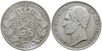 Бельгия 5 франков 1851 Леопольд I (1831-1865), точка над датой KM 17 серебро 1067-3-64