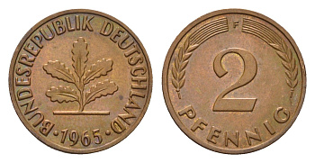 ФРГ 2 пфеннига 1965 F KM 106, J. 381 бронза 214-169