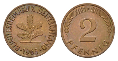 ФРГ 2 пфеннига 1965 F KM 106, J. 381 бронза 214-169
