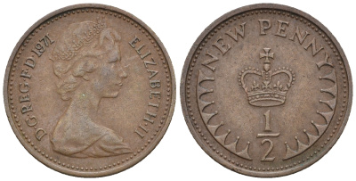 Великобритания 1/2 пенни 1971 Елизавета II (1952-2022) KM 914, Spink 4239 бронза 3309-1243