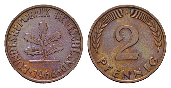 ФРГ 2 пфеннига 1968 G KM 106, J. 381 бронза 3458-726