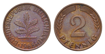ФРГ 2 пфеннига 1968 G KM 106, J. 381 бронза 3458-726