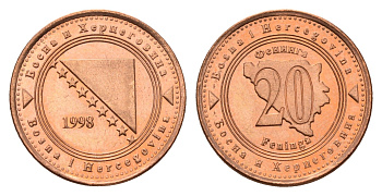 Босния и Герцеговина 20 фенингов 1998 KM 116 сталь плакированная медью UNC 117-455
