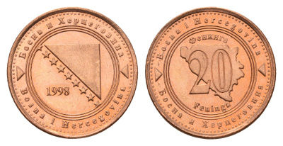 Босния и Герцеговина 20 фенингов 1998 KM 116 сталь плакированная медью UNC 117-455