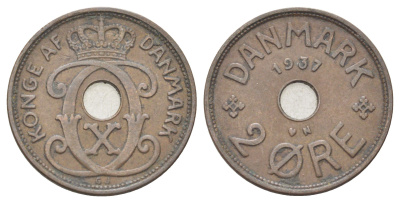 Дания 2 эре 1937 N, Кристиан X (1912-1947) KM 827 бронза 4701-847