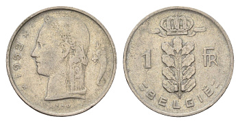 Бельгия 1 франк 1952 Belgie, Бодуэн I (1951-1993) KM 143.1 медно-никель 4685-163
