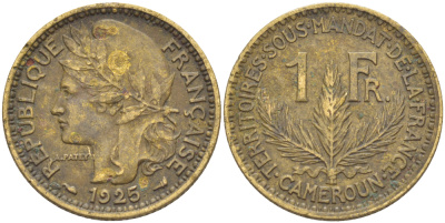 Французский Камерун 1 франк 1925 (а), монетный двор Париж KM 2 алюминиевая бронза 34-1111
