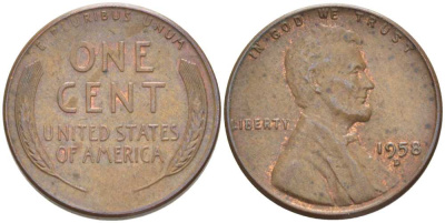США 1 ЦЕНТ 1958 D, ЛИНКОЛЬН KM А132 медь цинк 3309-1225
