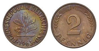 ФРГ 2 пфеннига 1963 F KM 106, J. 381 бронза 4564-528
