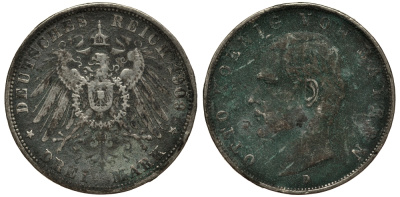 Бавария 3 марки 1909 Отто (1886-1913) Weege 45, J. 47, KM 515 серебро 3711-1844