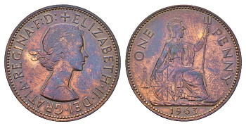 Великобритания 1 пенни 1963 Елизавета II (1952-2022) KM 897, Spink 4157 бронза 3855-322