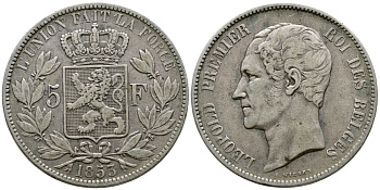 Бельгия 5 франков 1853 Леопольд I (1831-1865) KM 17 серебро 1066-20-44