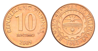 Филиппины 10 сентимо 2009 KM 270 сталь плакированная медью UNC 4668-712