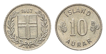Исландия 10 эйре 1967 KM 10 медно-никель UNC 4696-268