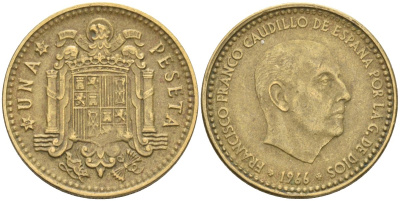 Испания 1 песета 1966 (67) Франсиско Франко (1939-1975) KM 796 алюминиевая бронза 4604-342
