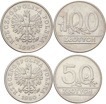 Польша набор из 2 монет (50 и 100 злотых) 1990 MW Y 214 и 216 медно-никель UNC 00-00