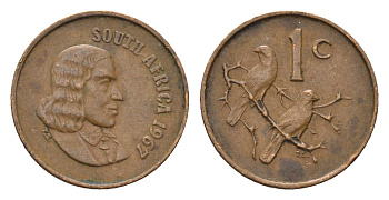 ЮАР 1 цент 1967 Ян ван Рибек (1619-1677), South Africa, легенда на африкаанс, капские воробьи KM 65.1 бронза 4690-1154
