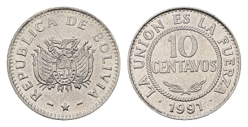 Боливия 10 сентаво 1991 KM 202 нержавеющая сталь UNC 112-1225