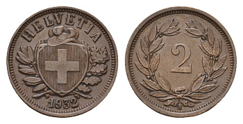 Швейцария 2 раппена 1932 B KM 4.2a бронза 46-935