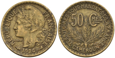 Камерун 50 сантимов 1926 (a), мондвор Париж KM 1 алюминиевая бронза 4164-1268