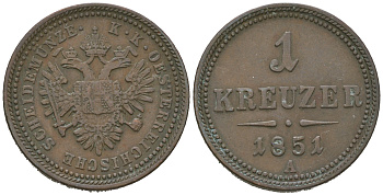 Австрия 1 крейцер 1851 A, Франц Иосиф I (1848-1916) KM 2185 медь 4641-645