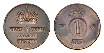 Швеция 1 эре 1967 U, Густав VI Адольф (1950-1973) KM 820 бронза 4685-552