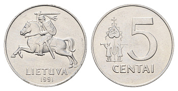 Литва 5 центов (сентов) 1991 год-тип KM 87 алюминий UNC 4148-641