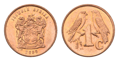 ЮАР 1 цент 2000 герб, капские воробьи KM 170 сталь плакированная медью UNC 4694-139