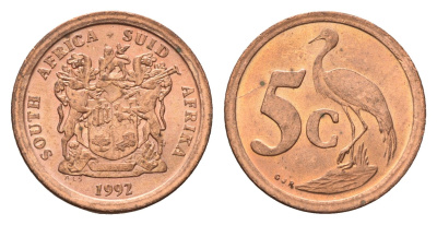 ЮАР 5 центов 1992 герб, райский журавль KM 134 сталь плакированная медью UNC 4687-154