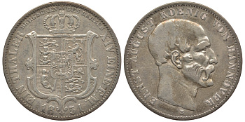 Брауншвейг-Каленберг-Ганновер 1 талер 1851 B, Эрнст Август (1837-1851) КМ 209.2, Jaeger 63, Kahnt 224, AKS 134 серебро 00-00