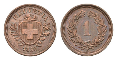 Швейцария 1 раппен 1890 B KM 3.1 бронза 1530-1413